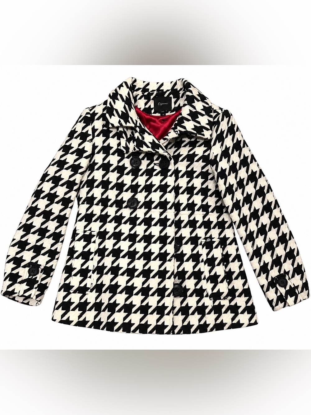 Express Black & White Houndstooth Double-Breasted Peacoat with Red Lining
